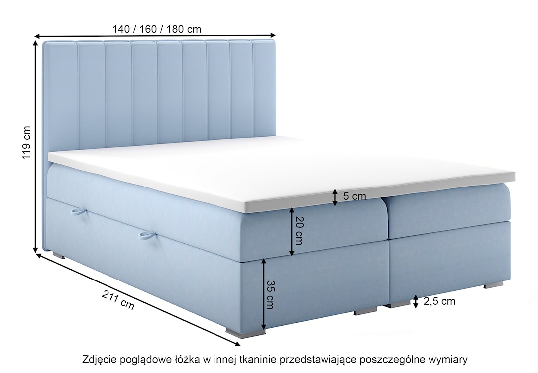 Łóżko kontynentalne 180x200 cm Hunbert z pojemnikami i topperem szare welur hydrofobowy  - zdjęcie 5