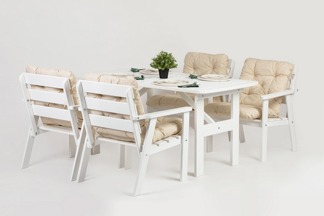 Zestaw mebli ogrodowych Avoints drewno sosnowe stół z 4 krzesłami biały z beżowymi poduszkami  - zdjęcie 3