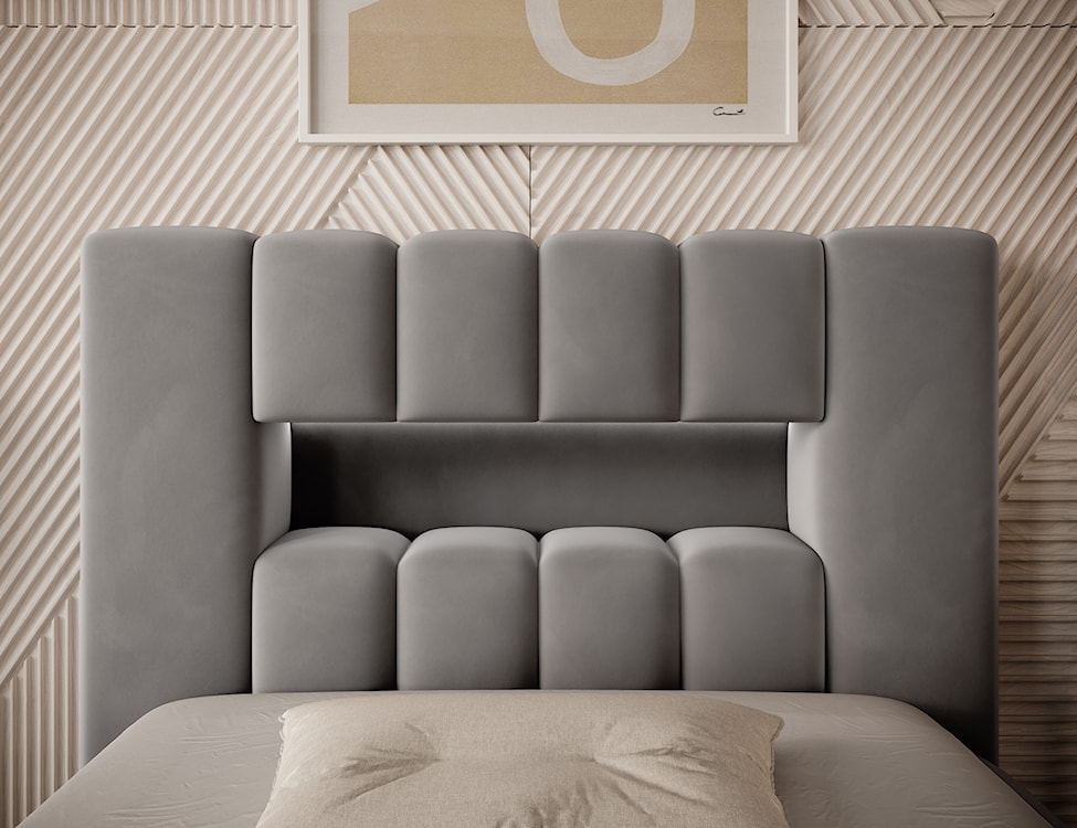 Łóżko tapicerowane 90x200 cm Rodeiro z pojemnikiem i oświetleniem szare w tkaninie hydrofobowej  - zdjęcie 5