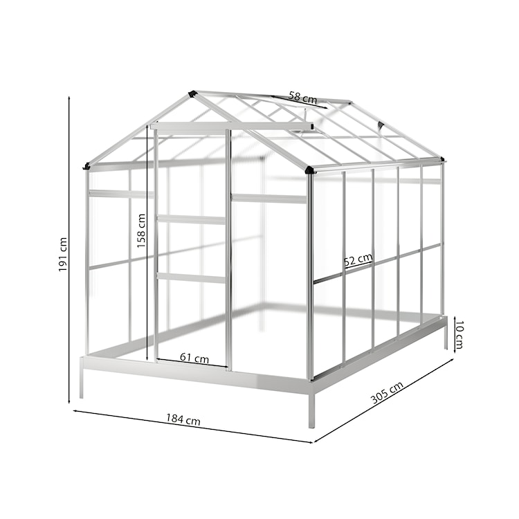 Szklarnia ogrodowa aluminiowa poliwęglanowa 5,6 m2 pięciosekcyjna z fundamentem 184x305 cm srebrna  - zdjęcie 5