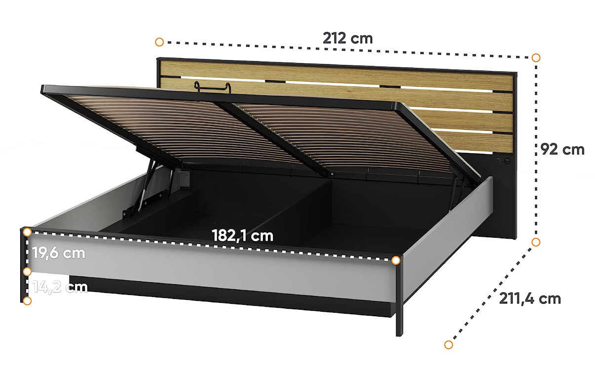 Łóżko Gris 180x200 cm z drewnianym zagłówkiem i LED szary / czarny / dąb natura  - zdjęcie 9