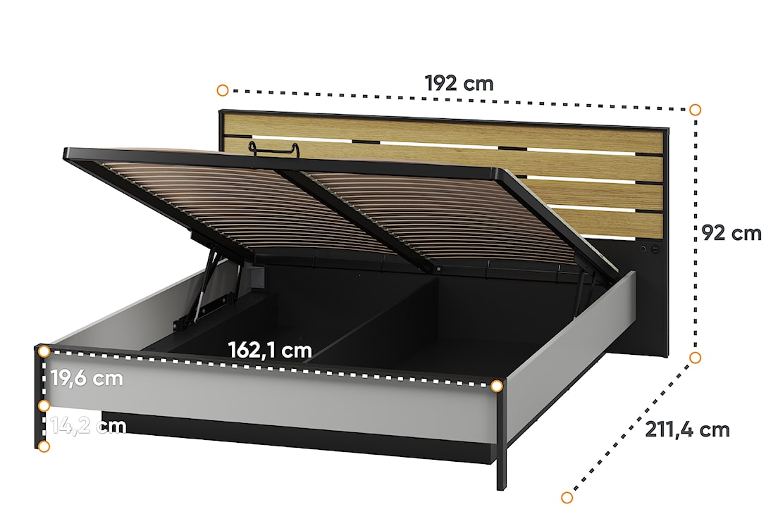 Łóżko Gris 160x200 cm z drewnianym zagłówkiem i LED szary / czarny / dąb natura  - zdjęcie 9