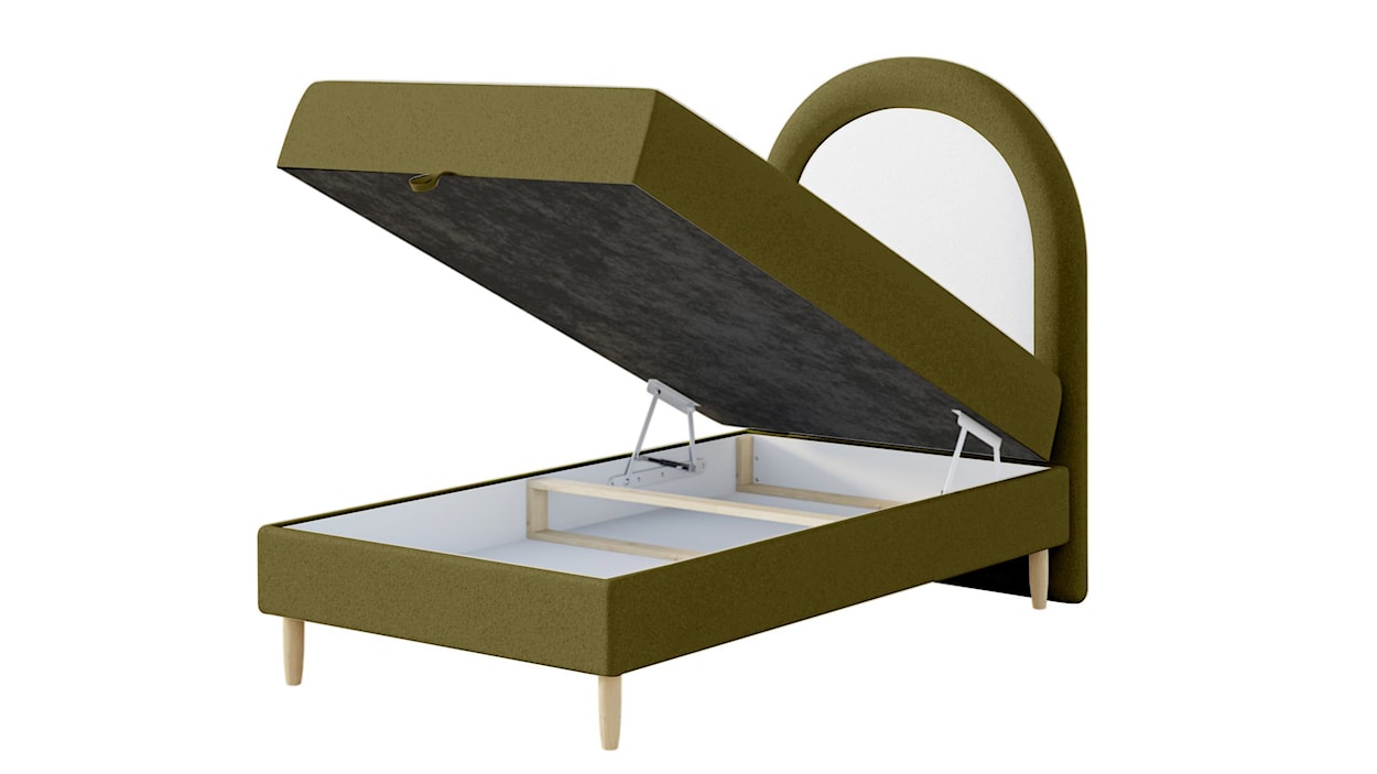 Łóżko kontynentalne dla dziecka 90x180 cm Asparetto z pojemnikiem oliwkowe w tkaninie boucle