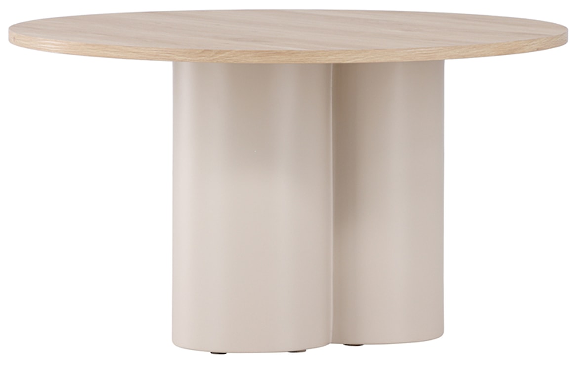 Stolik kawowy Convalder średnica 80 cm dąb bielony z beżową podstawą 
