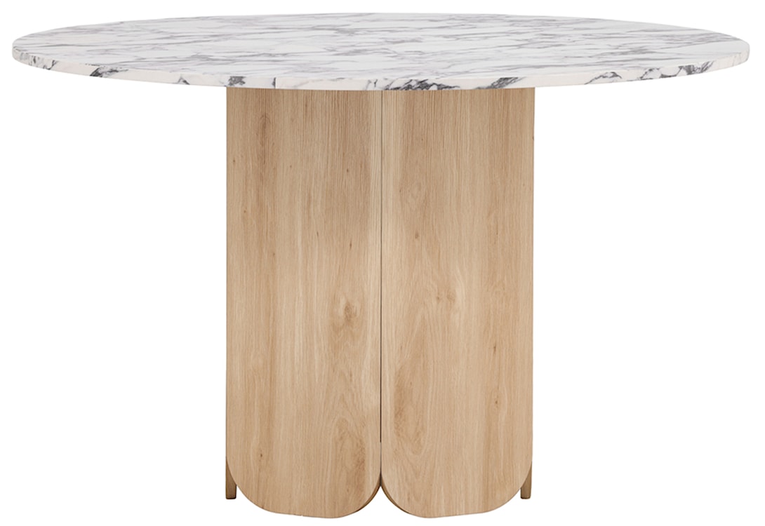 Stół do jadalni Veyla okrągły 120 cm jasnoszary marmur z podstawą dąb naturalny 