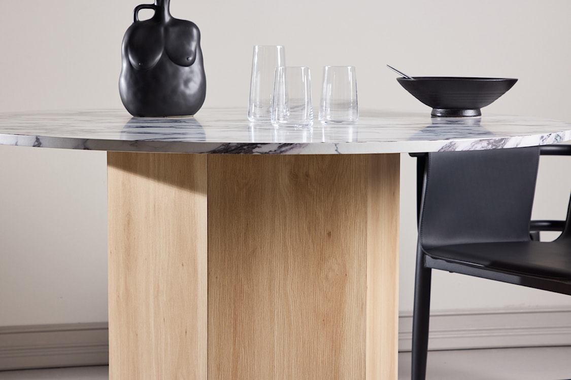 Stół do jadalni Veyla okrągły 120 cm jasnoszary marmur z podstawą dąb naturalny  - zdjęcie 3