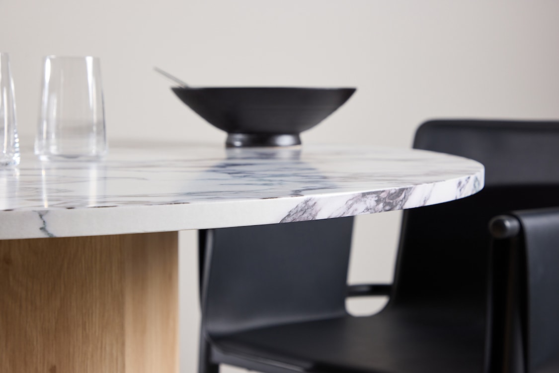 Stół do jadalni Veyla okrągły 120 cm jasnoszary marmur z podstawą dąb naturalny  - zdjęcie 4