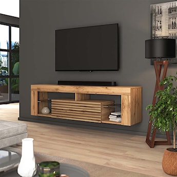 Szafka RTV Bianko 140 cm wisząca front 3D Dąb Artisan z oświetleniem