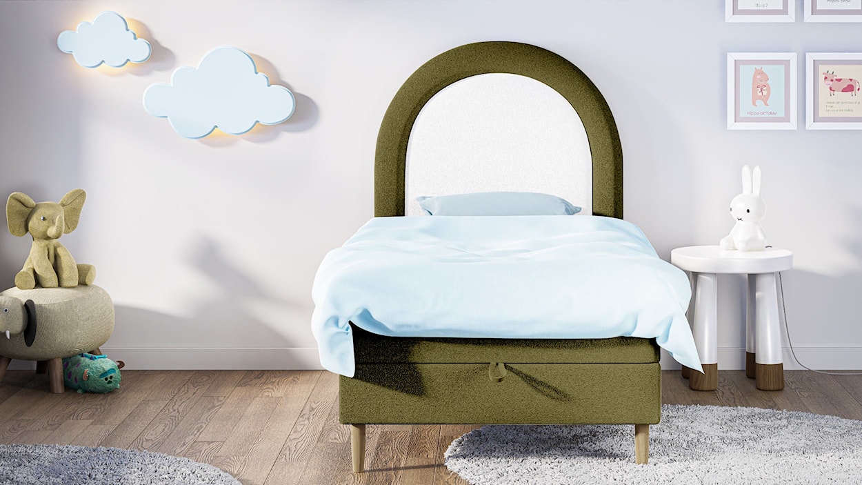 Łóżko kontynentalne dla dziecka 90x160 cm Asparetto z pojemnikiem oliwkowe w tkaninie boucle  - zdjęcie 4