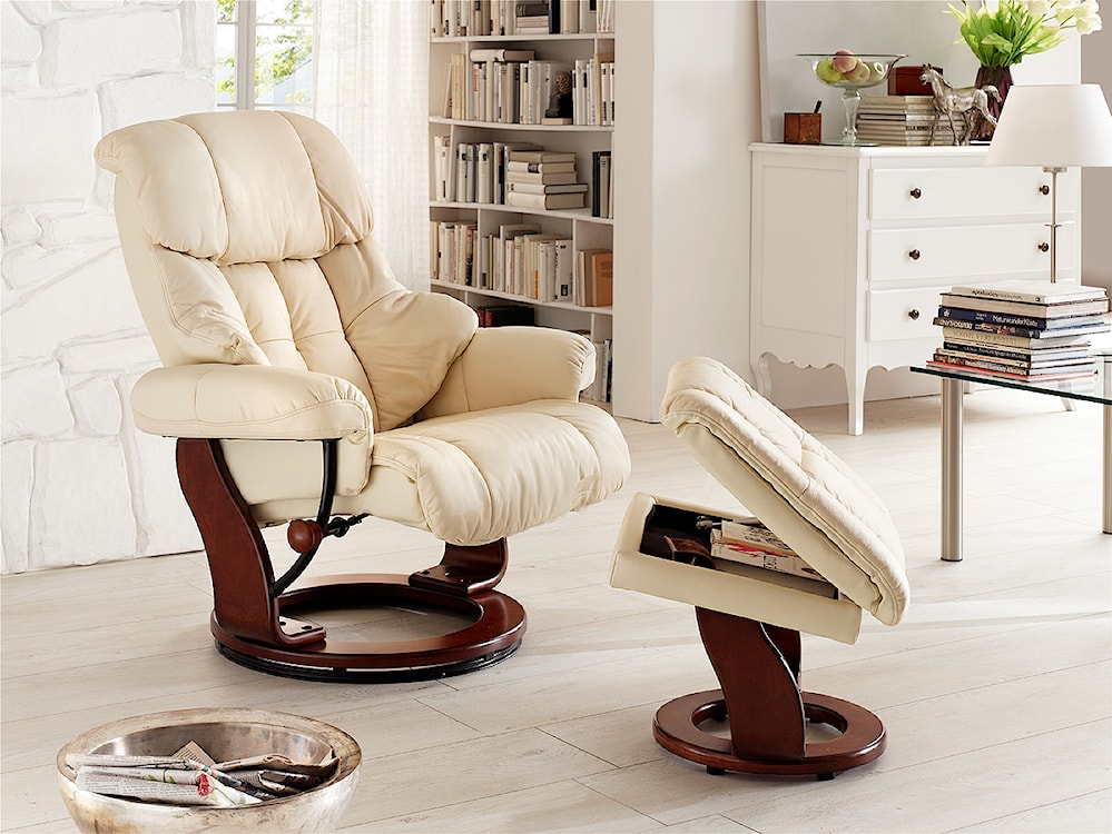 Fotel wypoczynkowy Callock z funkcją relaks i podnóżkiem orzech/kremowy  - zdjęcie 6