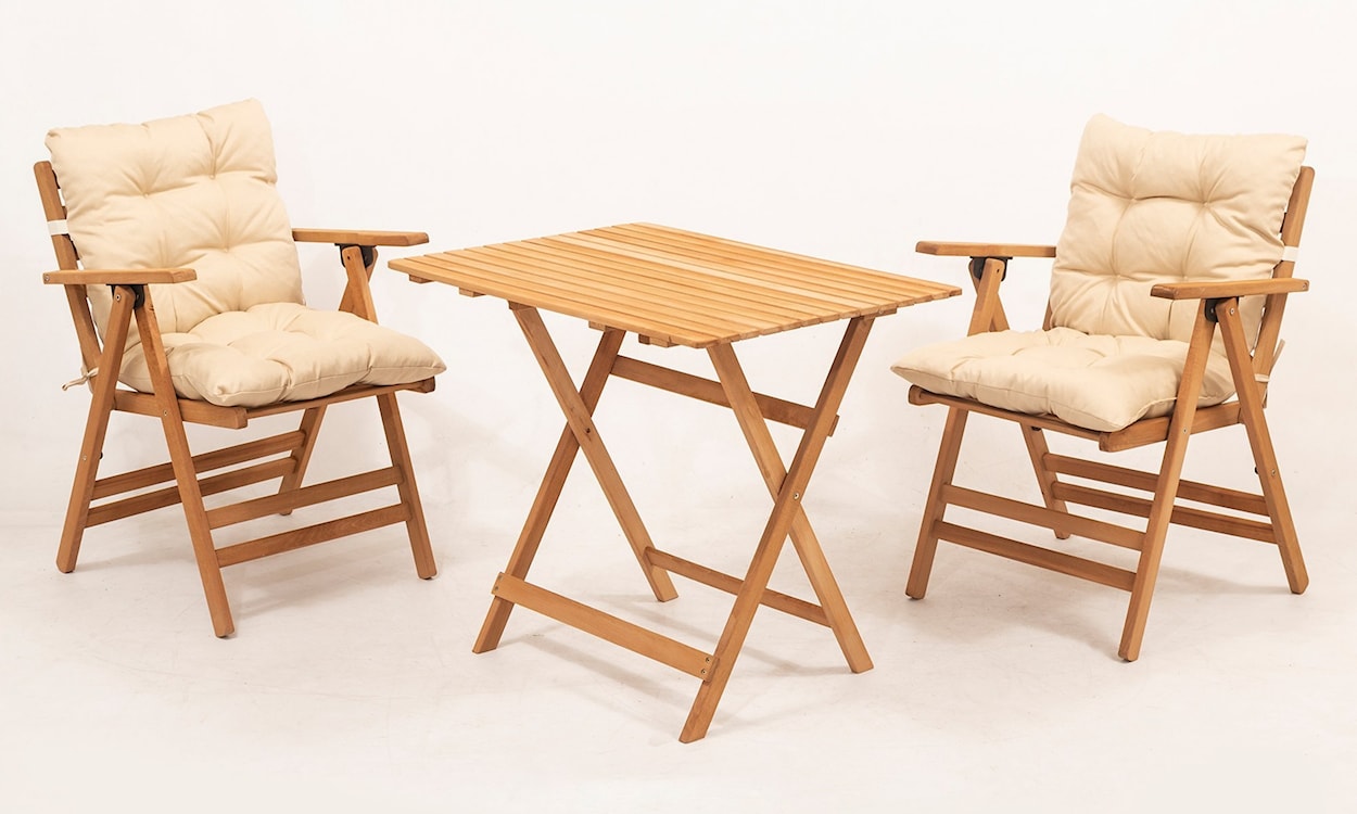Zestaw ogrodowy Poweally dwuosobowy stolik i krzesła z podłokietnikami kremowe poduchy