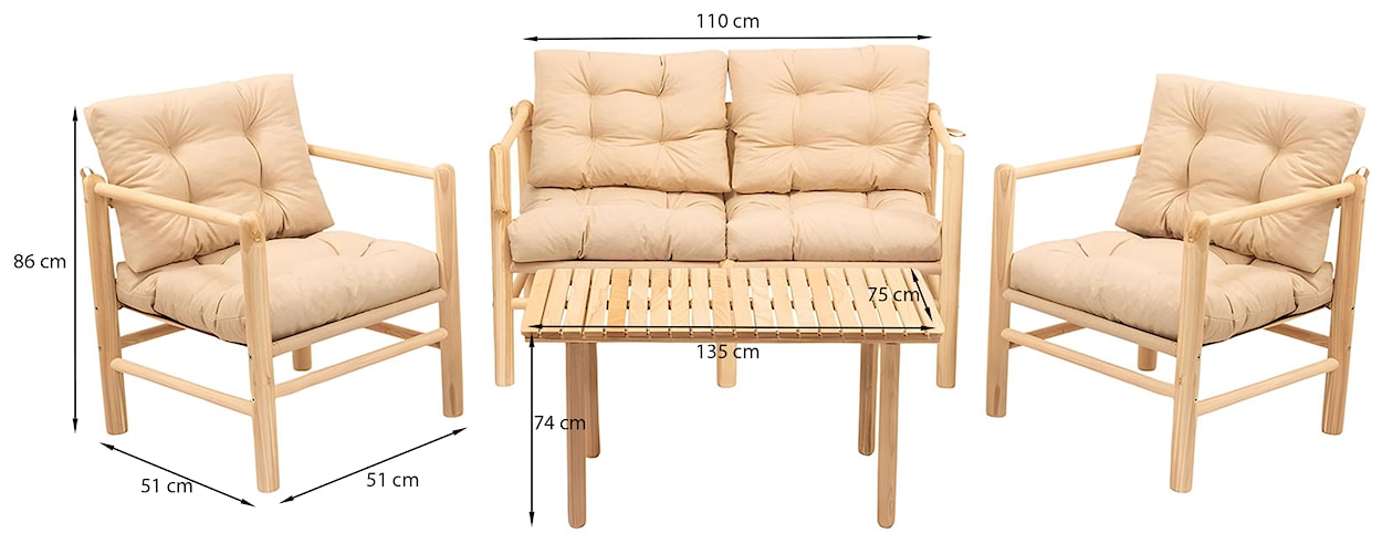 Zestaw ogrodowy Roatine z sofą, dwoma fotelami i stolikiem drewno  - zdjęcie 6