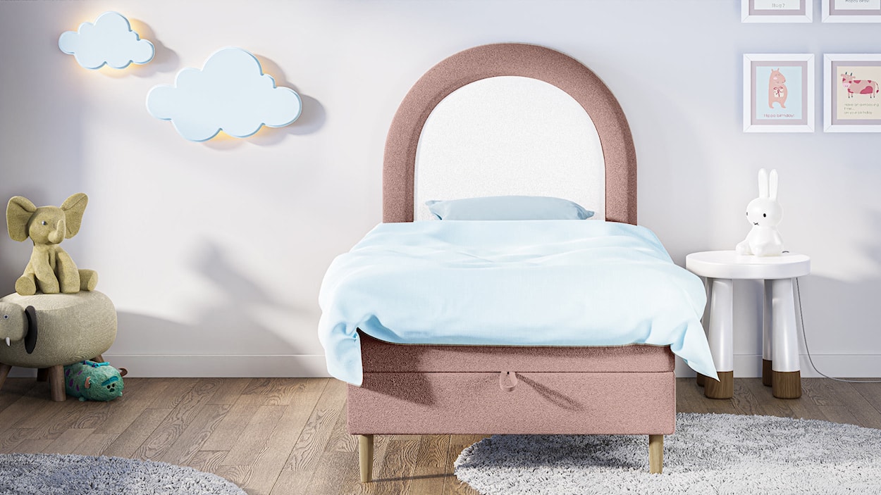 Łóżko kontynentalne dla dziecka 90x160 cm Asparetto z pojemnikiem różowe w tkaninie boucle  - zdjęcie 4