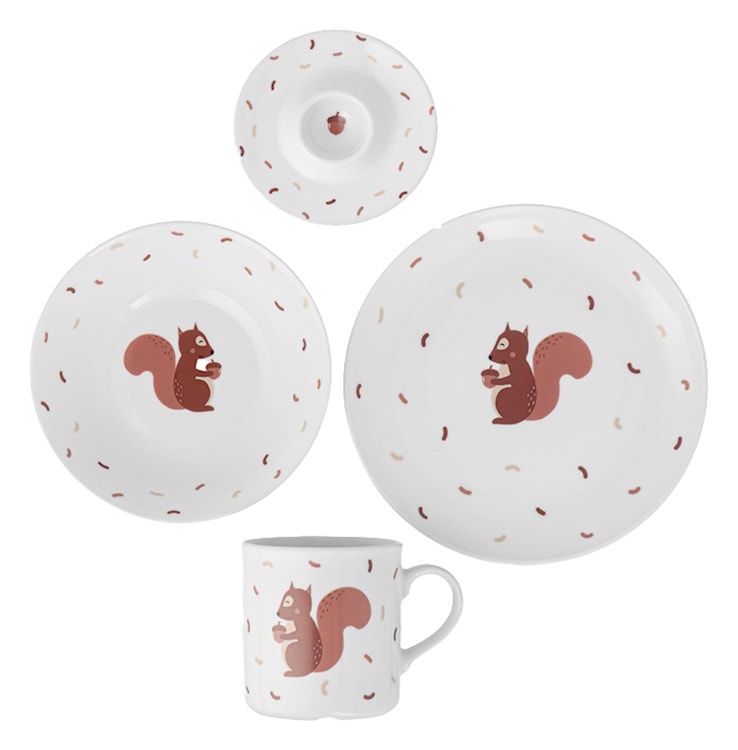Zestaw dziecięcy porcelanowy dla 1 os. Wiewiórka biało-brązowy 