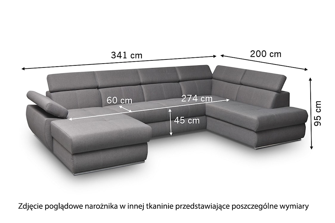 Narożnik z funkcją spania Ararip 341 cm U-kształtny z regulowanymi zagłówkami i pojemnikiem grafitowy welur hydrofobowy lewostronny  - zdjęcie 4