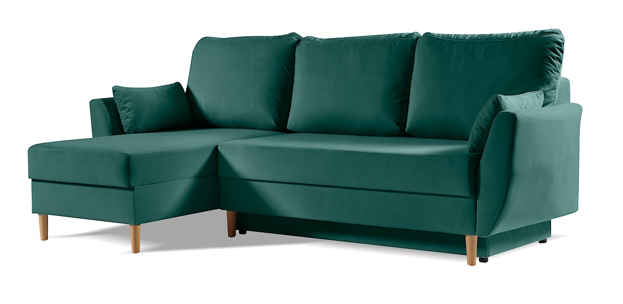 Narożnik z funkcją spania Paradela L-kształtny z pojemnikiem uniwersalny na nóżkach bukowych zielony welur hydrofobowy  - zdjęcie 3