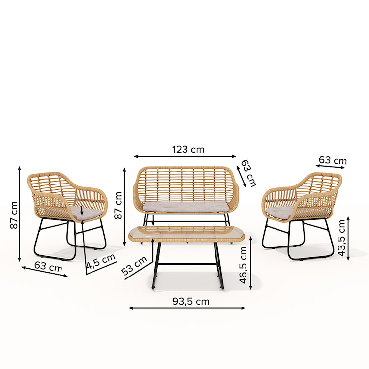 Zestaw mebli ogrodowych Sytly sofa z dwoma fotelami i stolikiem pleciony ze szklanym blatem naturalny/czarny  - zdjęcie 13