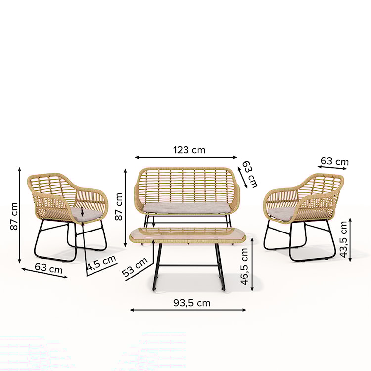 Zestaw mebli ogrodowych Sytly sofa z dwoma fotelami i stolikiem pleciony ze szklanym blatem naturalny/czarny  - zdjęcie 13