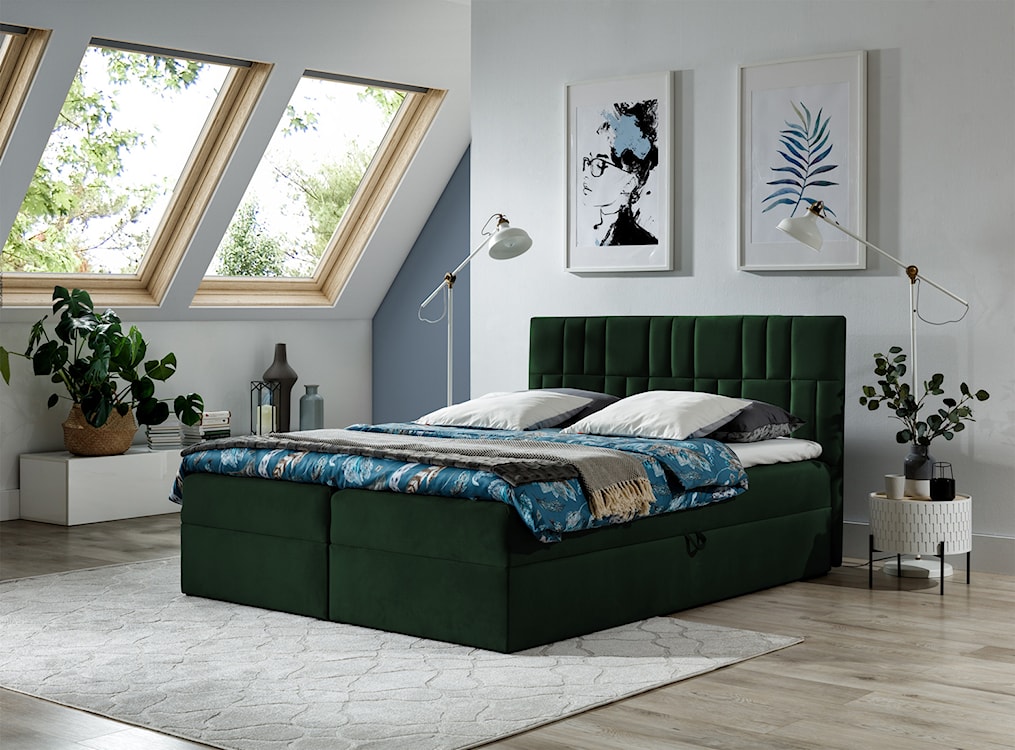 Łóżko kontynentalne Dalwik 120x200 z dwoma pojemnikami, materacem i topperem zielone hydrofobowe  - zdjęcie 2