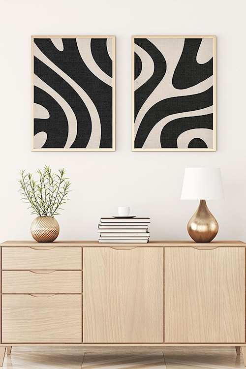 Zestaw dwóch obrazów Bodenass 40x30 cm beżowo-czarne pasy  - zdjęcie 4