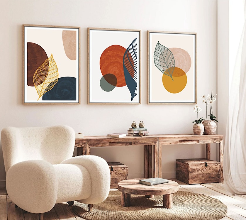 Zestaw trzech obrazów Bodenass 50x70 cm liście i koła  - zdjęcie 4