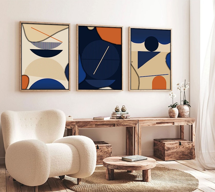 Zestaw trzech obrazów Bodenass 70x50 cm granatowo-beżowe  - zdjęcie 3