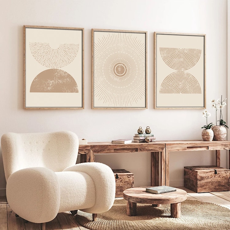 Zestaw trzech obrazów Bodenass 70x50 cm odcienie beżu  - zdjęcie 2