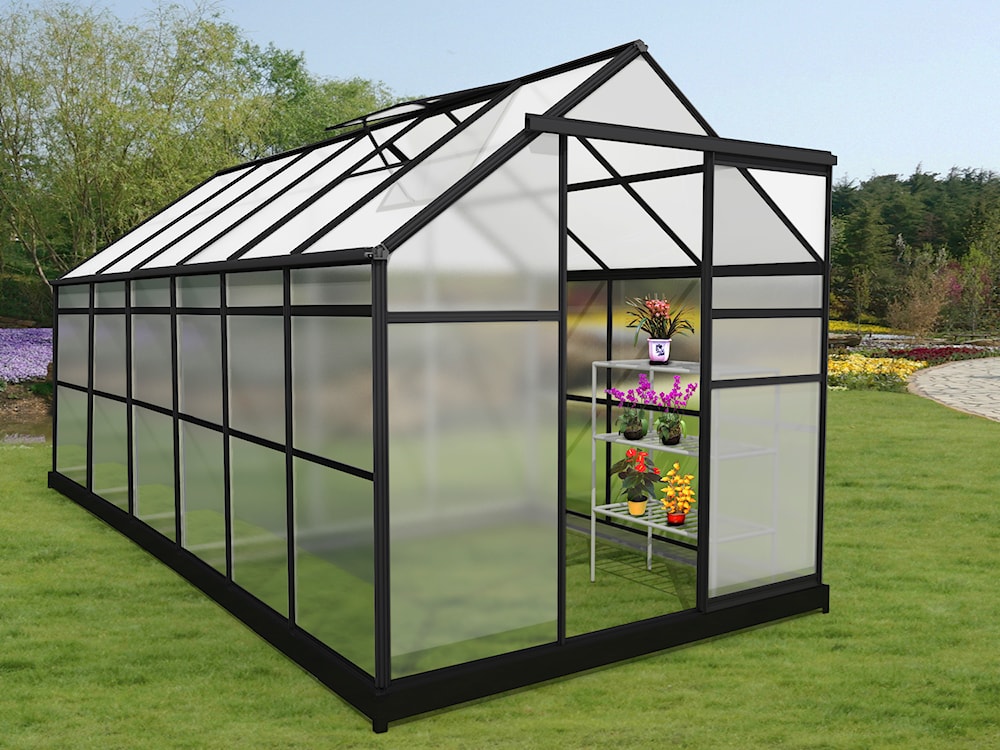 Szklarnia ogrodowa aluminiowa poliwęglanowa 6,72 m2 sześciosekcyjna z fundamentem 184x365 cm czarna  - zdjęcie 2