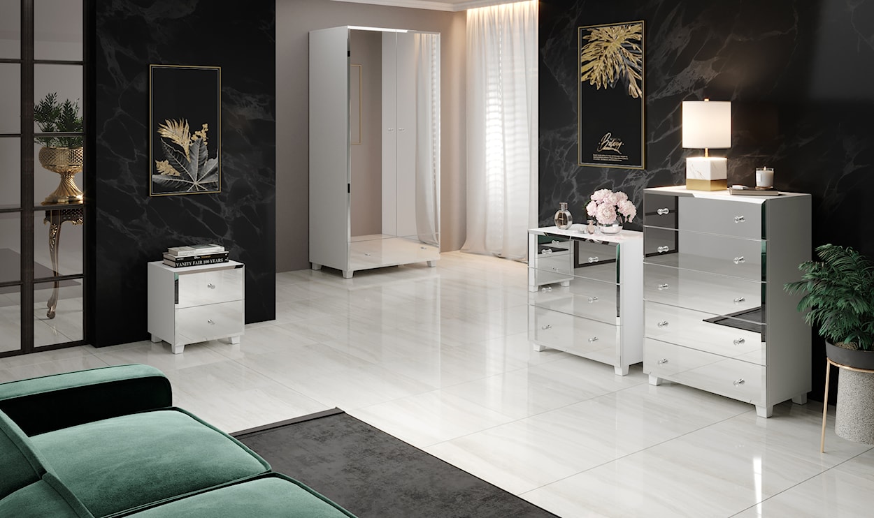 Komoda Bellagio z czterema szufladami biała z lustrzanym frontem  - zdjęcie 2