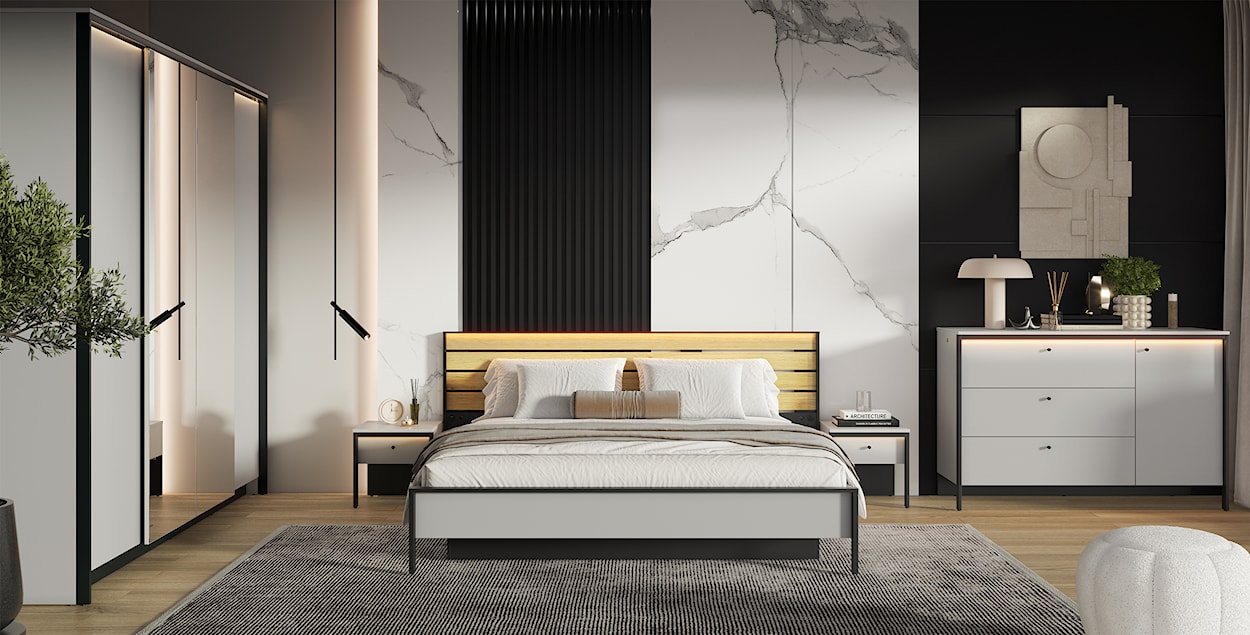 Łóżko Gris 160x200 cm z drewnianym zagłówkiem i LED szary / czarny / dąb natura  - zdjęcie 2