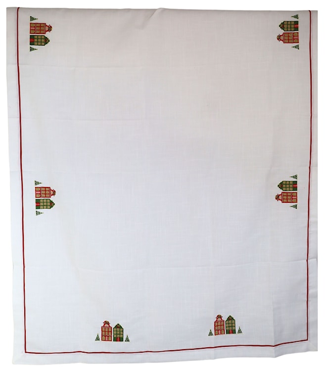 Obrus świąteczny Sidolle 180x140 cm biały z kolorowymi domkami 