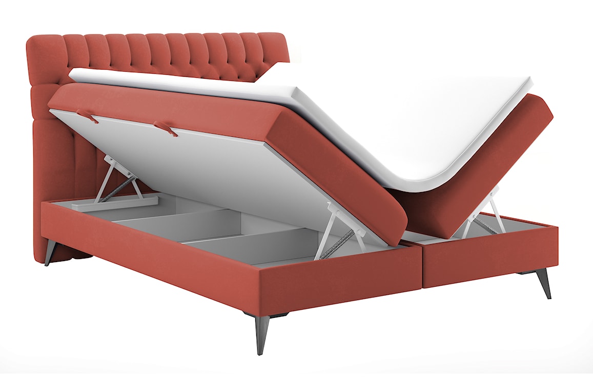 Łóżko kontynentalne 140x200 cm Rubeuz z pojemnikami i topperem koralowe welur hydrofobowy  - zdjęcie 4