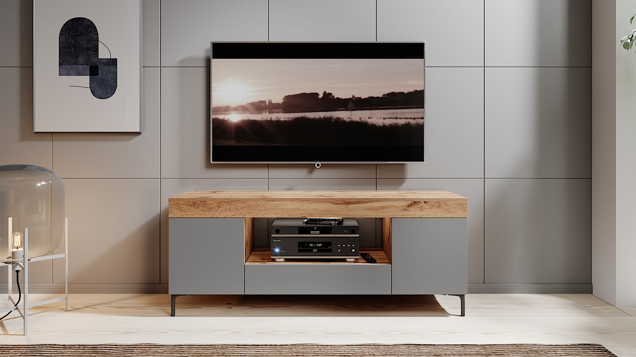 Szafka RTV Gusto 137 cm Dąb lancaster / szary mat z oświetleniem  - zdjęcie 5