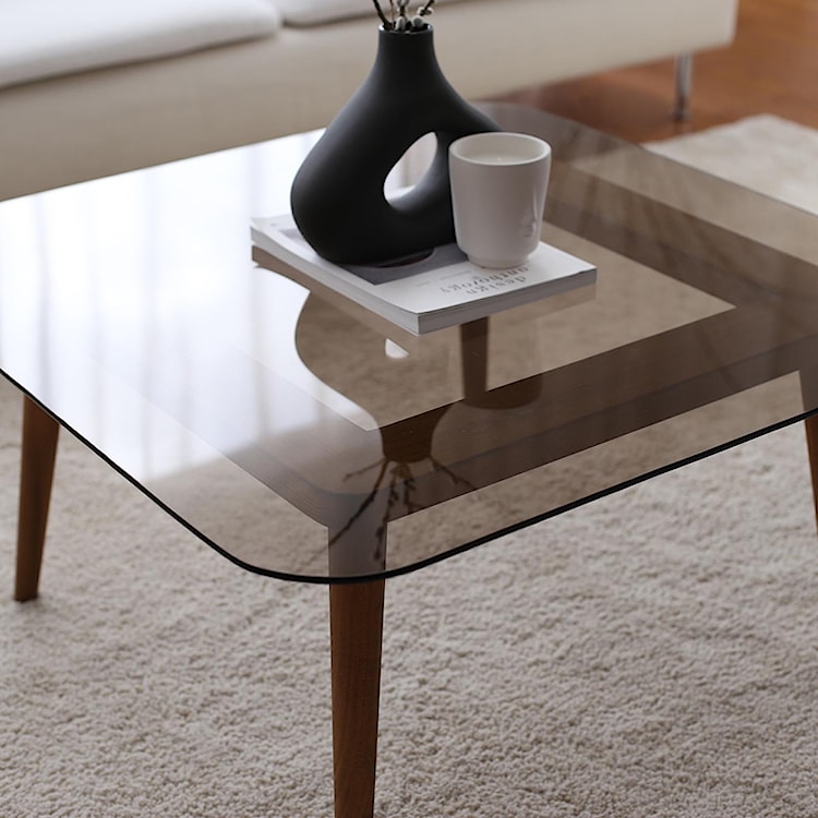 Stolik kawowy Smirra szklany na drewnianej podstawie 80x80 cm  - zdjęcie 6