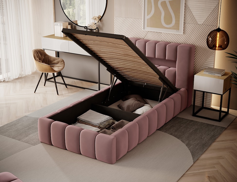 Łóżko tapicerowane 90x200 cm Rodeiro z pojemnikiem i oświetleniem różowe w tkaninie hydrofobowej  - zdjęcie 3