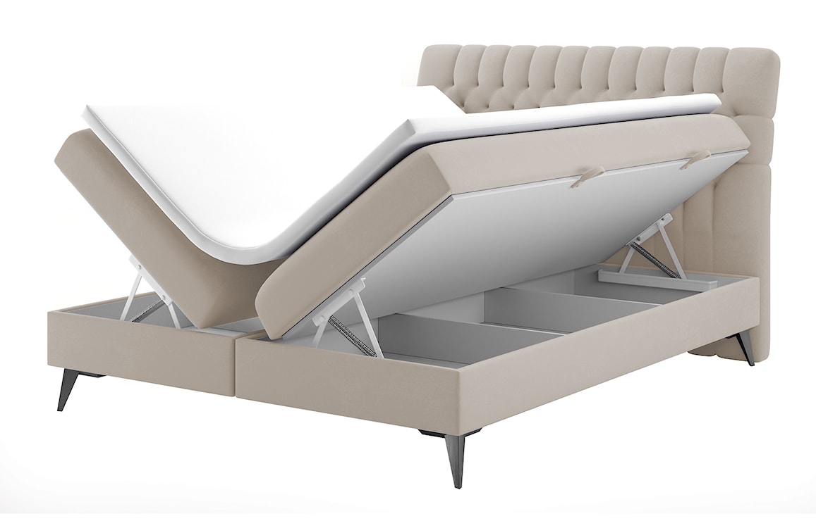 Łóżko kontynentalne 160x200 cm Rubeuz z pojemnikami i topperem beżowe welur hydrofobowy