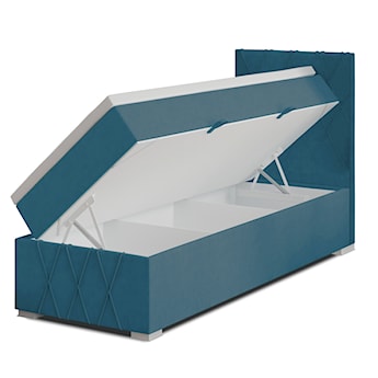 Łóżko kontynentalne 90x200 cm Segarati z pojemnikiem i topperem niebieskie welur hydrofobowy prawostronne
