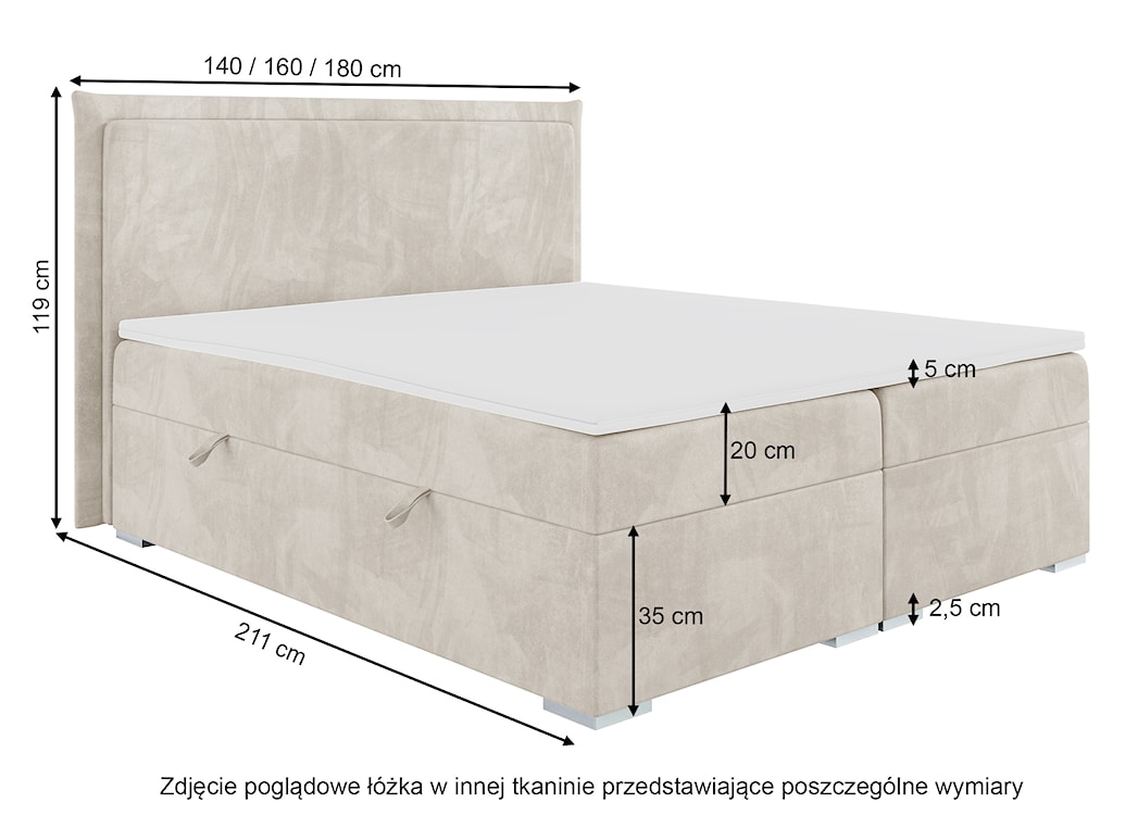 Łóżko kontynentalne 140x200 cm Nurdicer z pojemnikami i topperem brązowe welur hydrofobowy  - zdjęcie 5