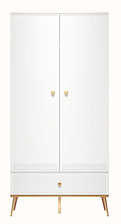 Szafa dwudrzwiowa Darrby 92 cm z szufladą biały/biały połysk ze złotymi nogami  - zdjęcie 6