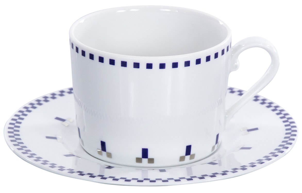 Filiżanka porcelanowa ze spodkiem Folk Fusion I 250 ml biało-niebieska 