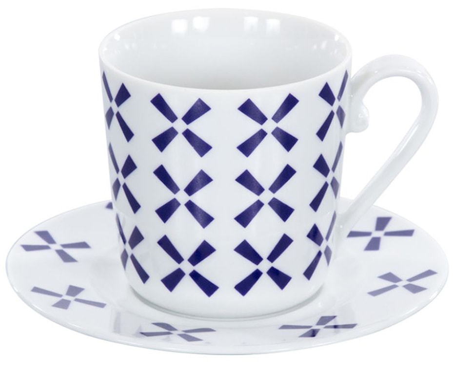 Filiżanka porcelanowa ze spodkiem Folk Fusion II 170 ml biało-niebieska