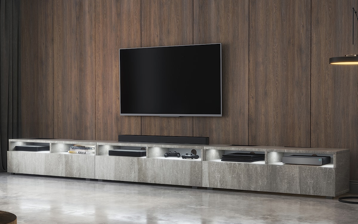 Szafka RTV z trzema szufladami Rednaw 300 cm Beton z oświetleniem  - zdjęcie 3