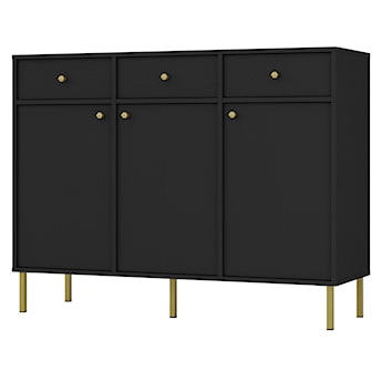 Komoda trzydrzwiowa Oktio z trzema szufladami 125 cm czarny grafit na złotych nogach