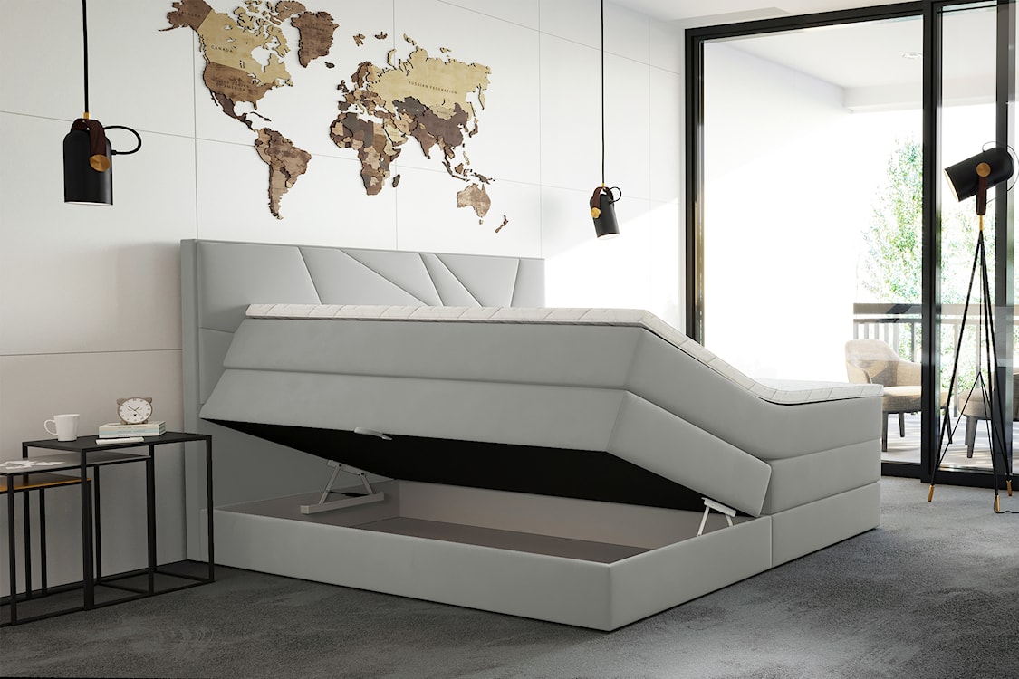 Łóżko kontynentalne 140x200 cm Vendes z pojemnikami materacami bonnellowymi i kieszeniowym jasnoszare welur hydrofobowy  - zdjęcie 3