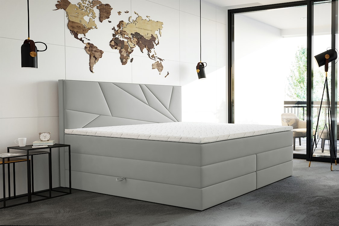 Łóżko kontynentalne 180x200 cm Vendes z pojemnikami materacami bonnellowymi i kieszeniowym jasnoszare welur hydrofobowy  - zdjęcie 2