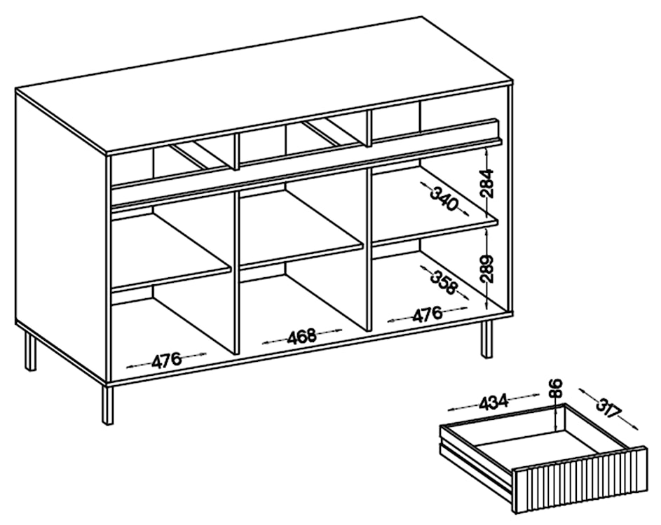 Komoda trzydrzwiowa Osaka z trzema szufladami i ryflowanymi frontami 149 cm dąb evoke na czarnych nogach  - zdjęcie 10