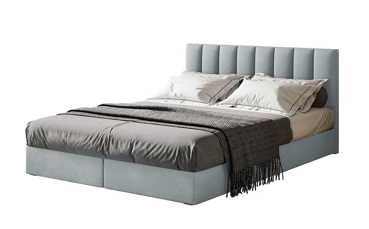 Łóżko kontynentalne 140x200 cm Dorsetto z pojemnikami i materacem bonellowym jasnoszare welur hydrofobowy 