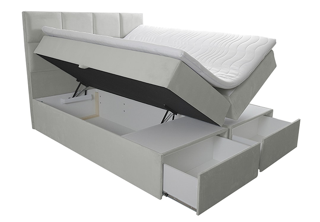 Łóżko kontynentalne 160x200 cm Tokio z pojemnikami i szufladami jasnoszare welur hydrofobowy  - zdjęcie 3