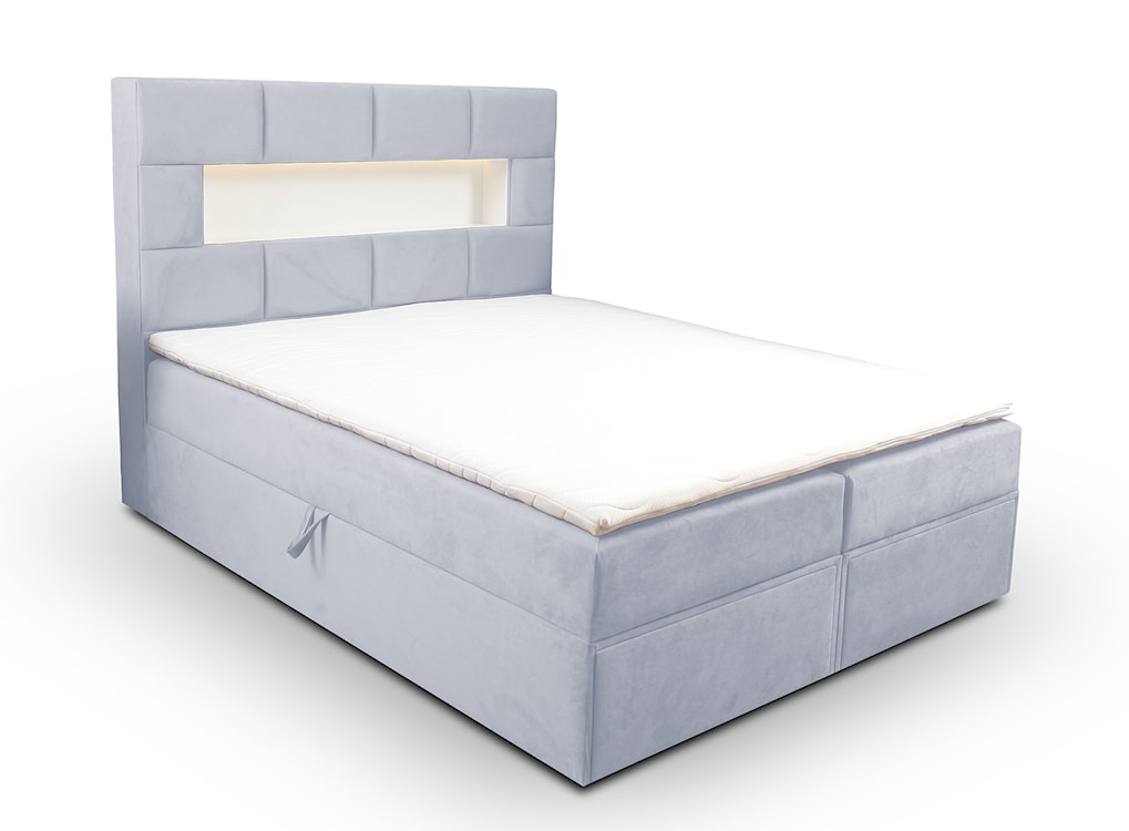 Łóżko kontynentalne 160x200 cm Celaeno z pojemnikami, tapperem i materacem kieszeniowym jasnoszare 