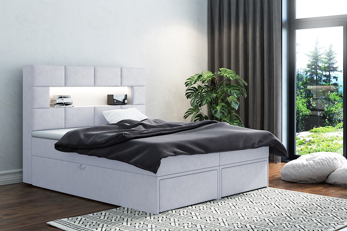 Łóżko kontynentalne 180x200 cm Celaeno z pojemnikami, tapperem i materacem kieszeniowym jasnoszare  - zdjęcie 2